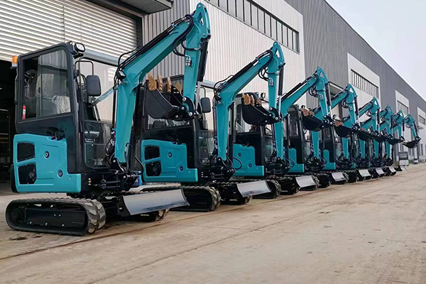 Mini excavator lineup in factory yard for dealer wholesale and export supply