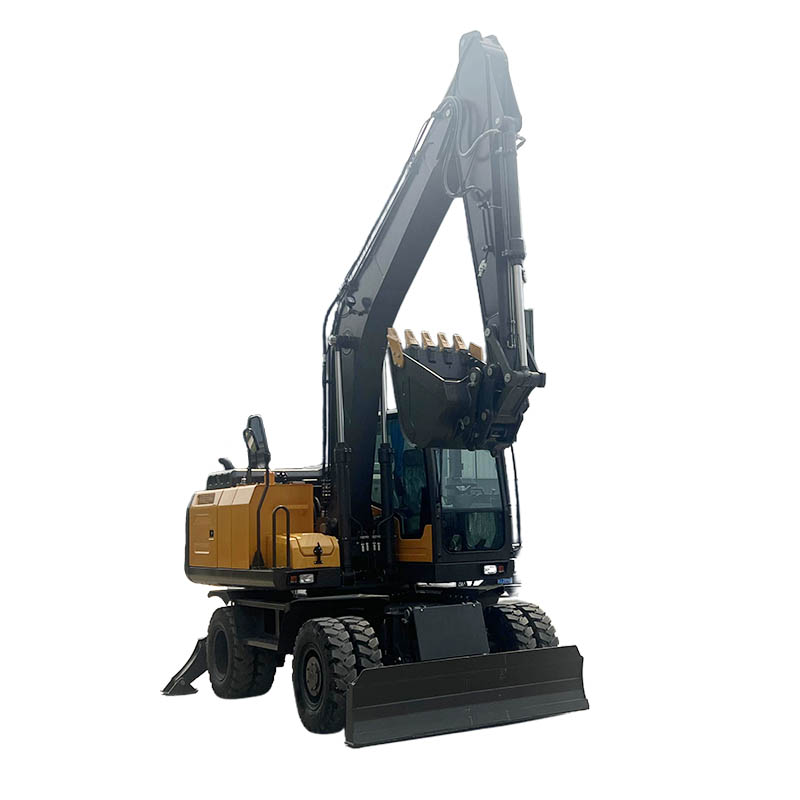 Wheeled excavator lifting heavy pipes using outriggers