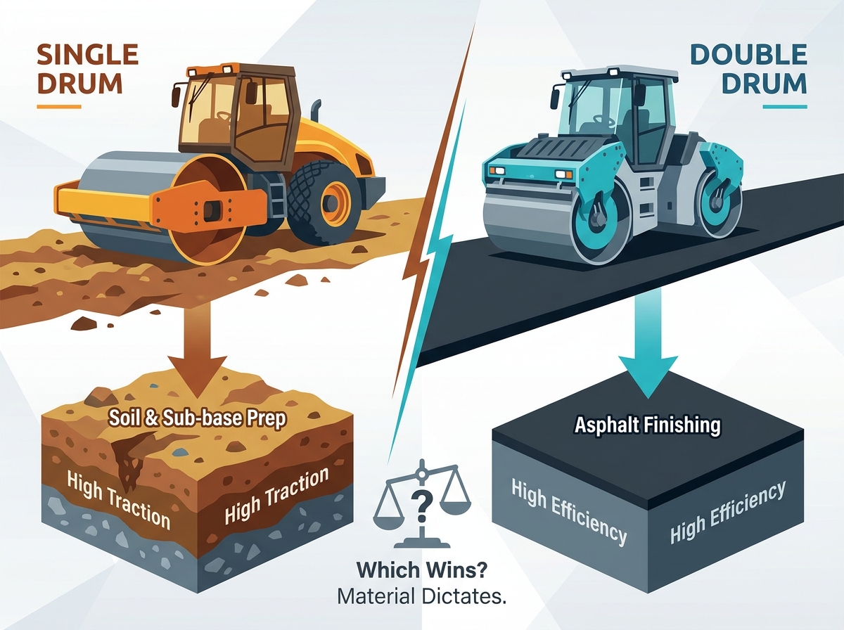 Double drum roller finishing an asphalt mat on a large construction site
